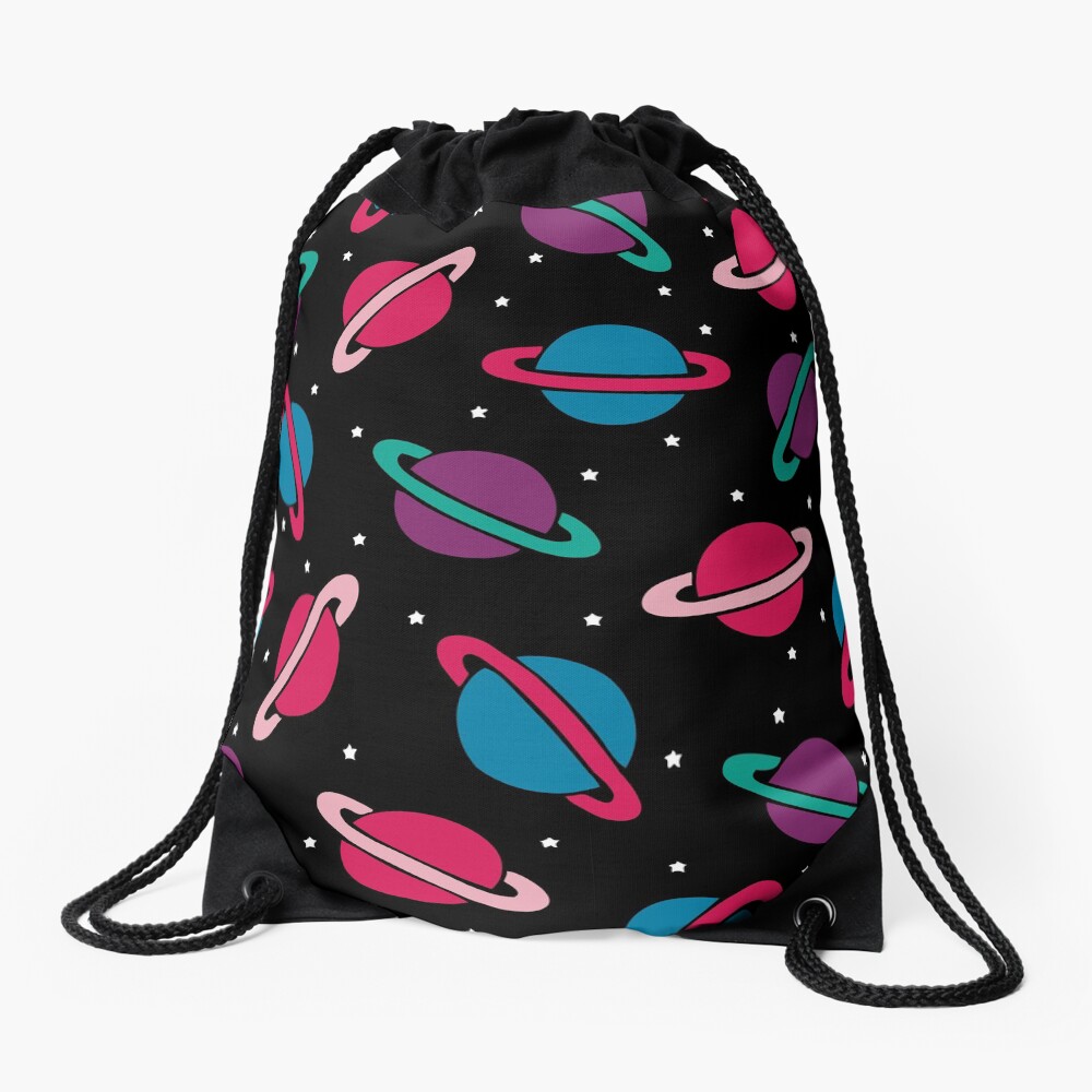 Neon Space Planets Pattern Drawstring Bag