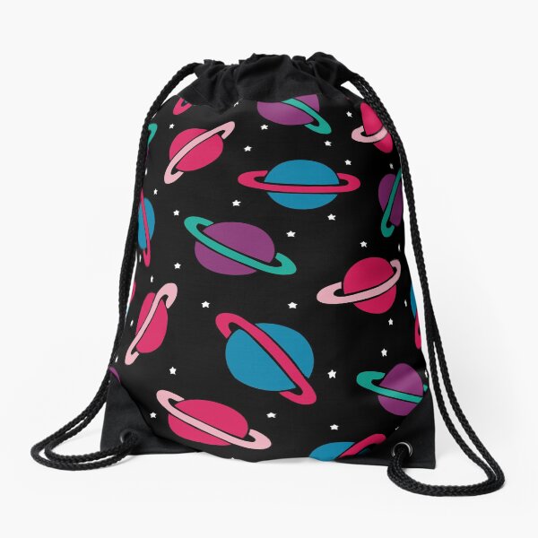 Neon Space Planets Pattern Drawstring Bag