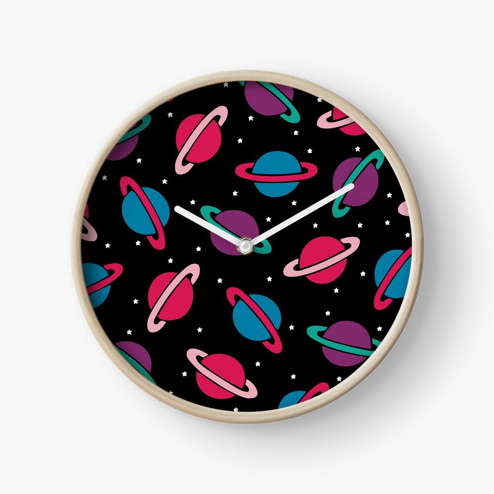 Neon Space Planets Pattern Clock