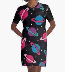 Neon Space Planets Pattern Graphic T-Shirt Dress