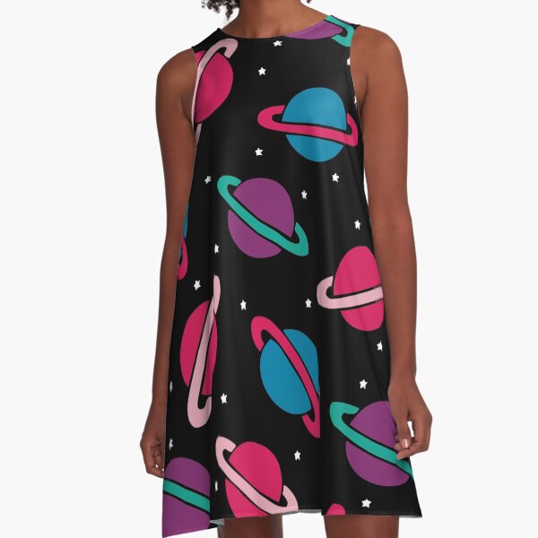 Neon Space Planets Pattern A-Line Dress
