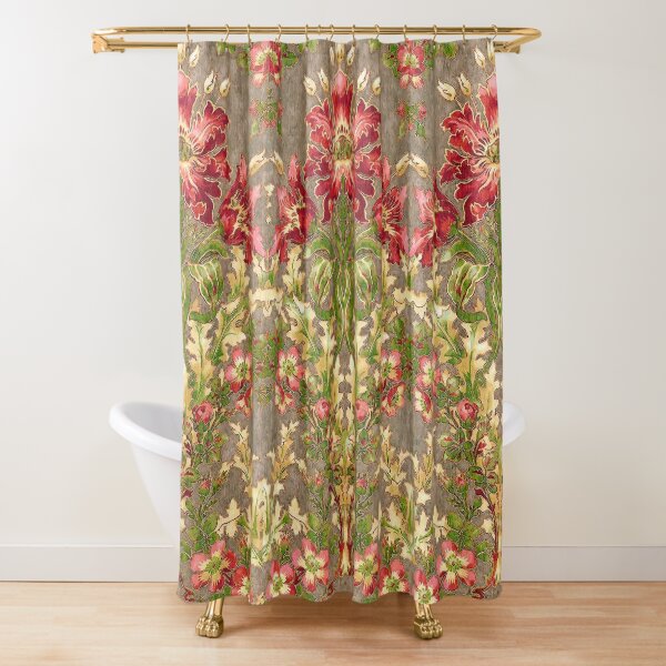 "CLARIDGE MANOR ,RED FLOWERS,WILD ROSES,GREEN FLORAL" Shower Curtain
