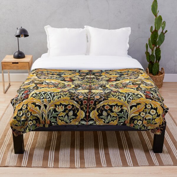 OWL ON ACANTHUS LEAVES AND FLOWERS Yellow Brown Floral Throw Blanket