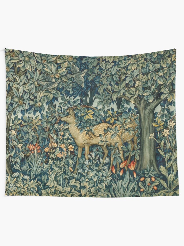 Alternate view of GREENERY,TWO DOES AND BIRDS IN FOREST Blue Green Floral Tapestry Tapestry