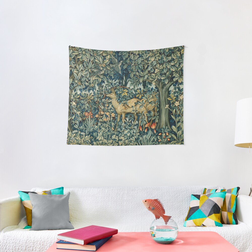 GREENERY,TWO DOES AND BIRDS IN FOREST Blue Green Floral Tapestry Tapestry