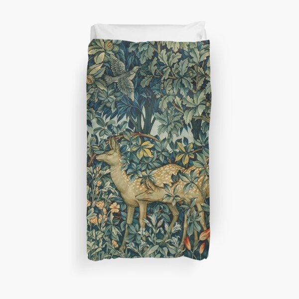 GREENERY,TWO DOES AND BIRDS IN FOREST Blue Green Floral Tapestry Duvet Cover