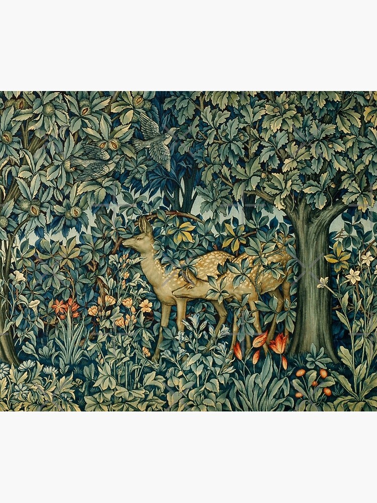 GREENERY,TWO DOES AND BIRDS IN FOREST Blue Green Floral Tapestry by BulganLumini