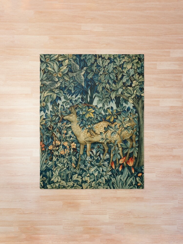 Alternate view of GREENERY,TWO DOES AND BIRDS IN FOREST Blue Green Floral Tapestry Comforter