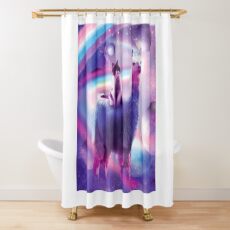 Kitty Cat Riding On Rainbow Llama In Space Shower Curtain