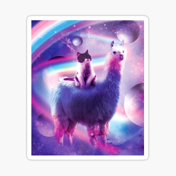 Kitty Cat Riding On Rainbow Llama In Space Sticker