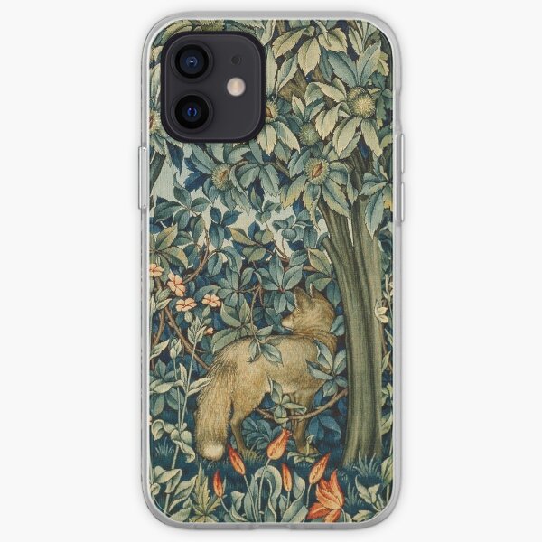 GREENERY, FOREST ANIMALS Pheasant and Fox Blue Green Floral Tapestry iPhone Soft Case