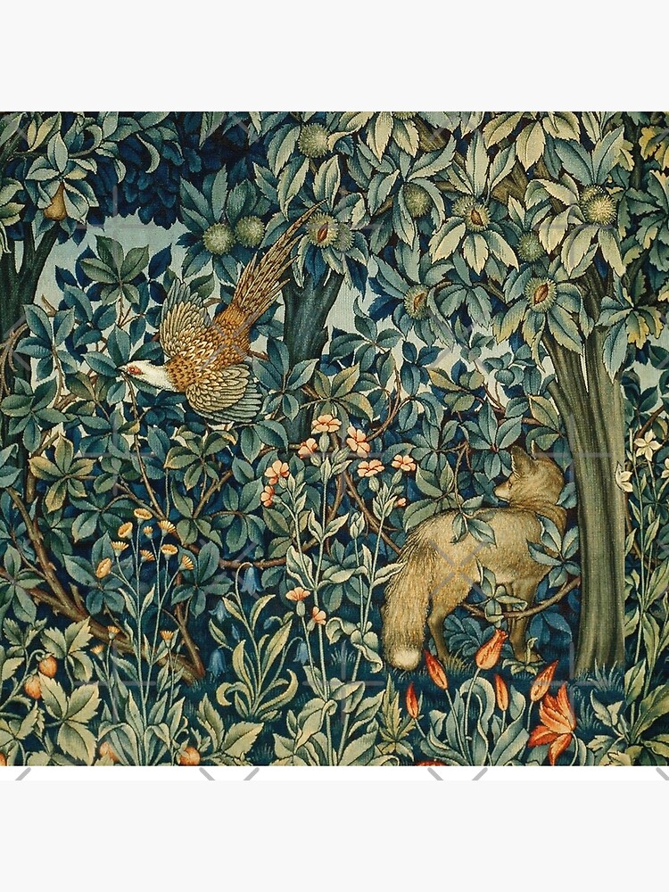 GREENERY, FOREST ANIMALS Pheasant and Fox Blue Green Floral Tapestry by BulganLumini