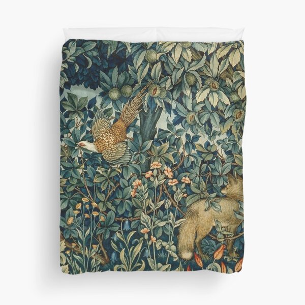 GREENERY, FOREST ANIMALS Pheasant and Fox Blue Green Floral Tapestry Duvet Cover