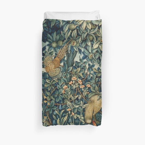 GREENERY, FOREST ANIMALS Pheasant and Fox Blue Green Floral Tapestry Duvet Cover