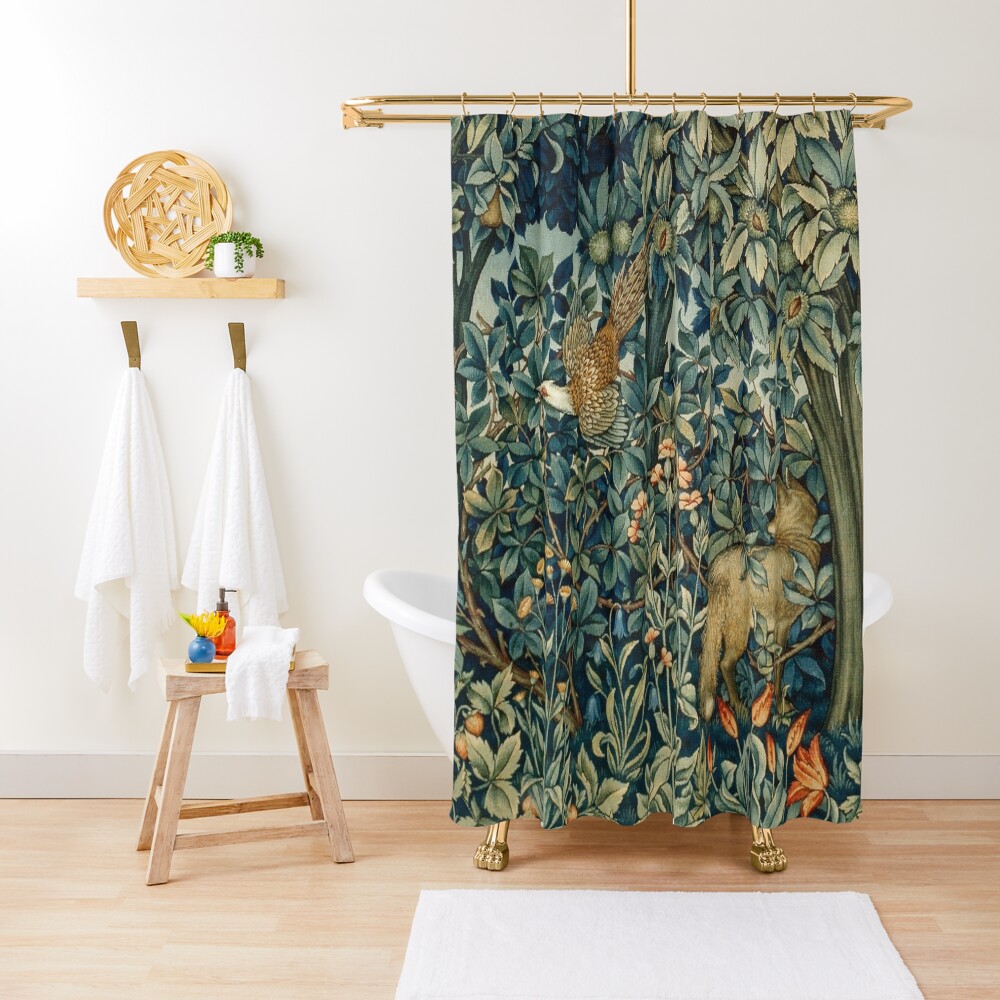 GREENERY, FOREST ANIMALS Pheasant and Fox Blue Green Floral Tapestry Shower Curtain