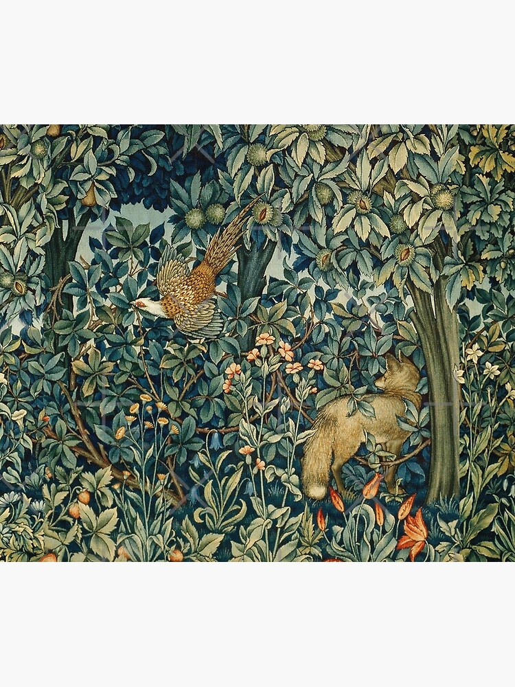 GREENERY, FOREST ANIMALS Pheasant and Fox Blue Green Floral Tapestry by BulganLumini