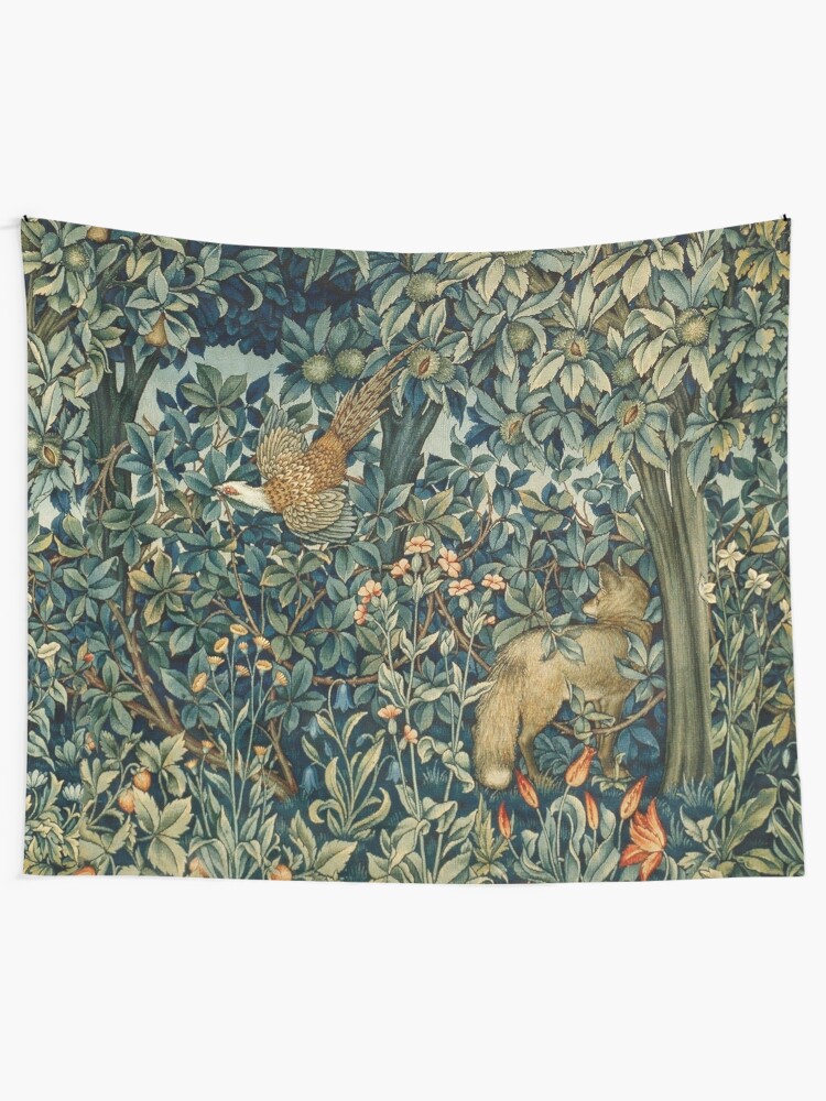 Alternate view of GREENERY, FOREST ANIMALS Pheasant and Fox Blue Green Floral Tapestry Tapestry