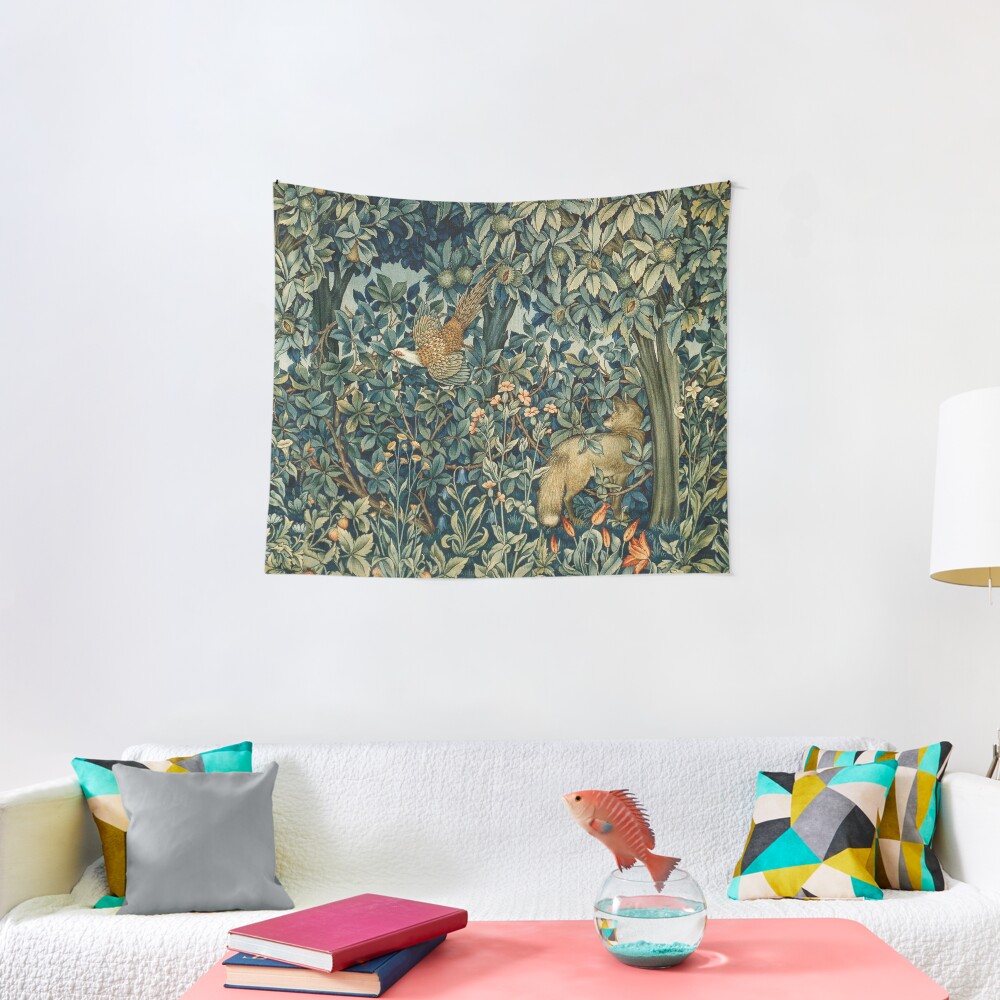 GREENERY, FOREST ANIMALS Pheasant and Fox Blue Green Floral Tapestry Tapestry