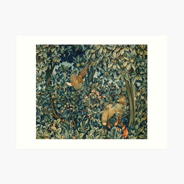 GREENERY, FOREST ANIMALS Pheasant and Fox Blue Green Floral Tapestry Art Print