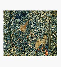 GREENERY, FOREST ANIMALS Pheasant and Fox Blue Green Floral Tapestry Photographic Print