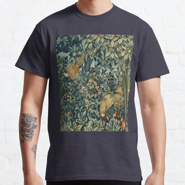 GREENERY, FOREST ANIMALS Pheasant and Fox Blue Green Floral Tapestry Classic T-Shirt