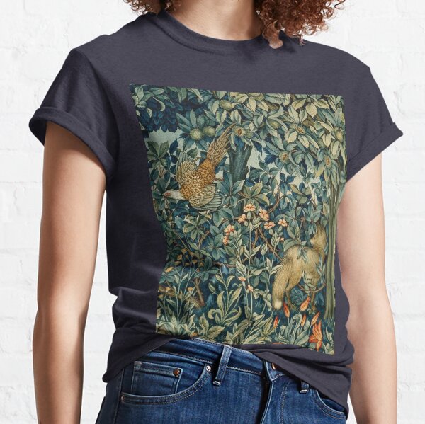 GREENERY, FOREST ANIMALS Pheasant and Fox Blue Green Floral Tapestry Classic T-Shirt