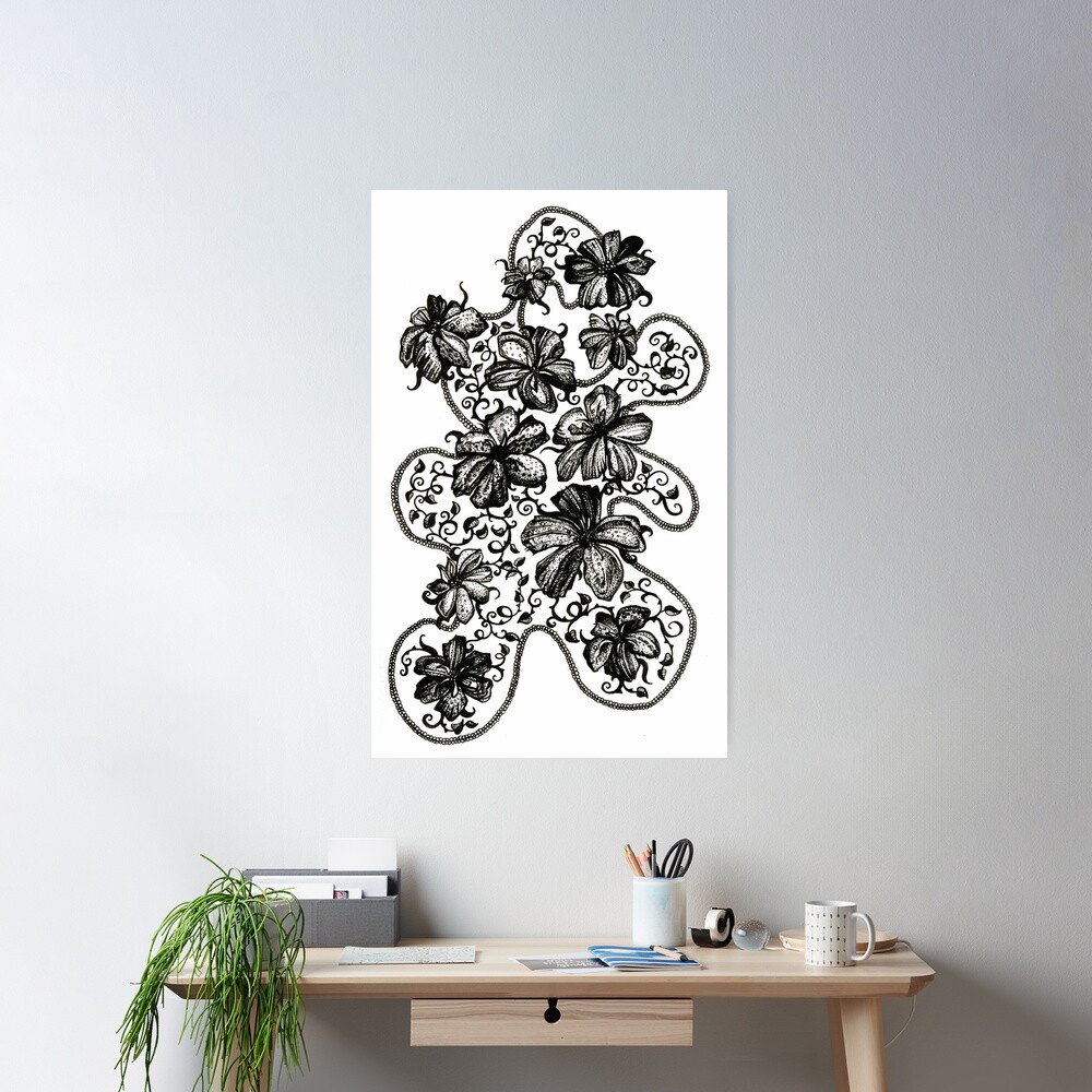Floating Flowers, Ink Drawing Poster