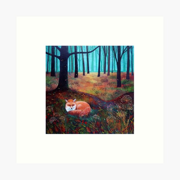 Cute Woodland Animal Picture Fox Asleep Art Print Napping in the Grass Little Fairy Creature Fantasy Forest Poster Kids Bedroom Decor