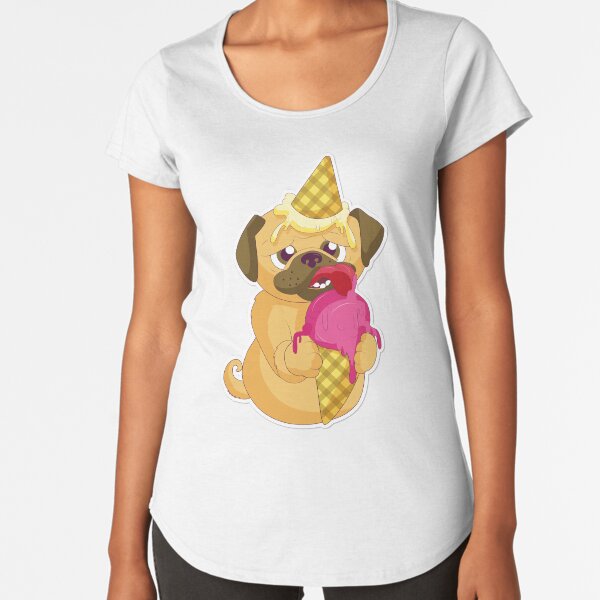Cute Pug licking a melted pink ice cream with an ice cream on his head Premium Scoop T-Shirt