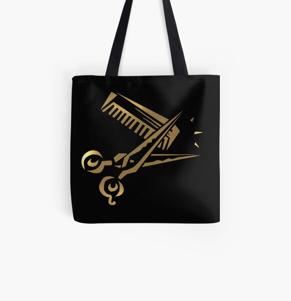 golden scissors and comb in black All Over Print Tote Bag