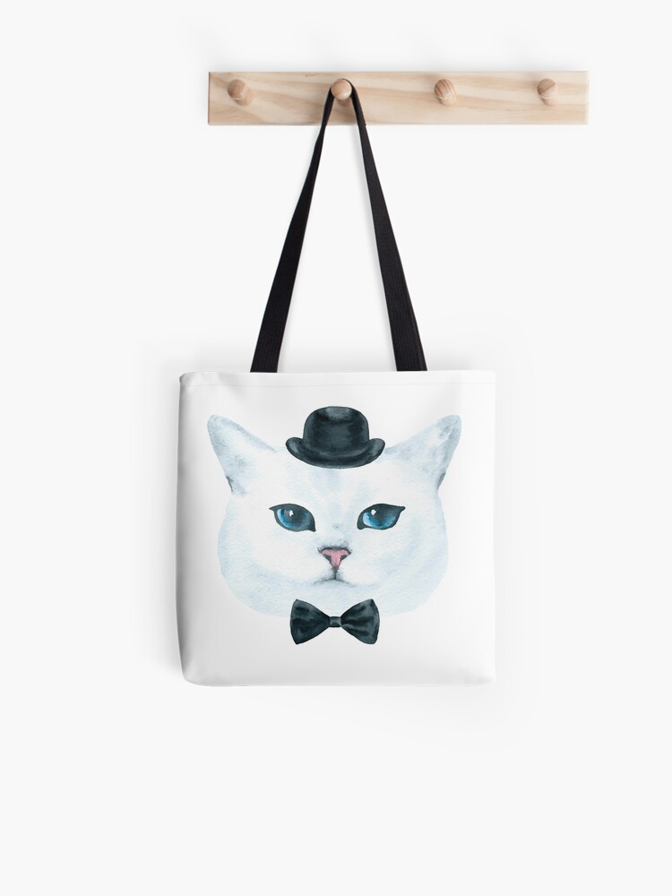 Tote Bag Chat Mignon Blanc Avec Un Chapeau Melon Et Un Arc Dickie Par Creativeempires Redbubble