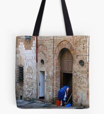 Woman Cleaning the Street Front, Italy Tote Bag