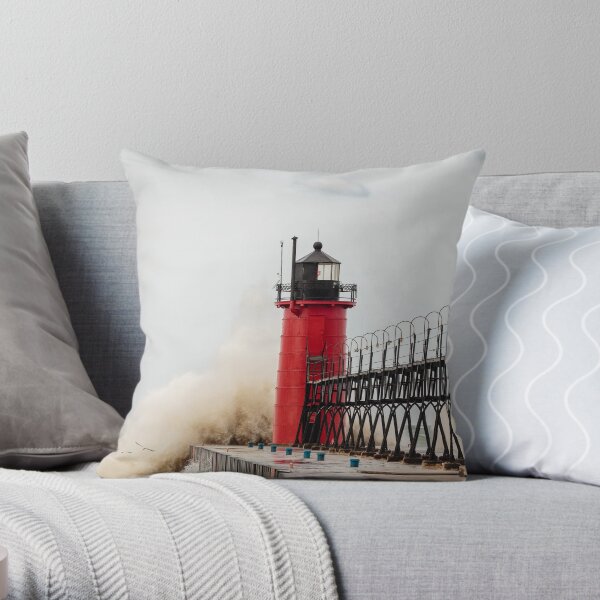 South Haven Lighthouse Withstanding the Waves Throw Pillow