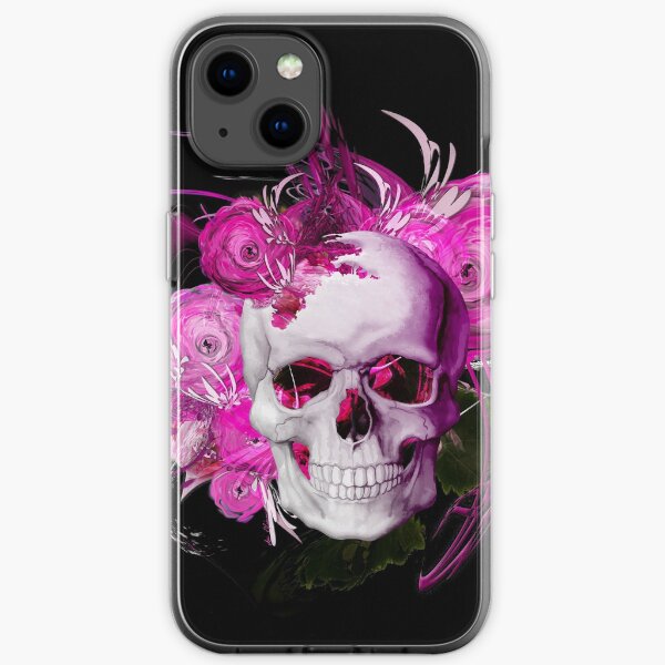 Pink fantasy flower skull black by mjvision iPhone Soft Case