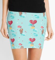 Cute bear and raccoon in love flying on heart shaped hot air balloon and balloons Mini Skirt