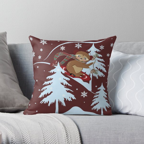 Winter Sloth Sledding Throw Pillow
