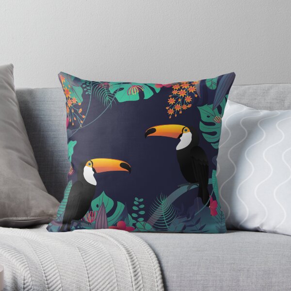 Toucan bird and Tropical in night shades. Throw Pillow