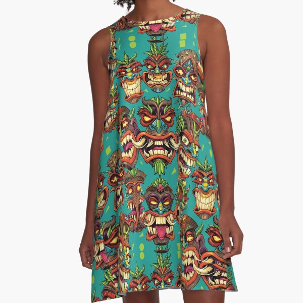 Tiki Head Repeating Pattern A-Line Dress