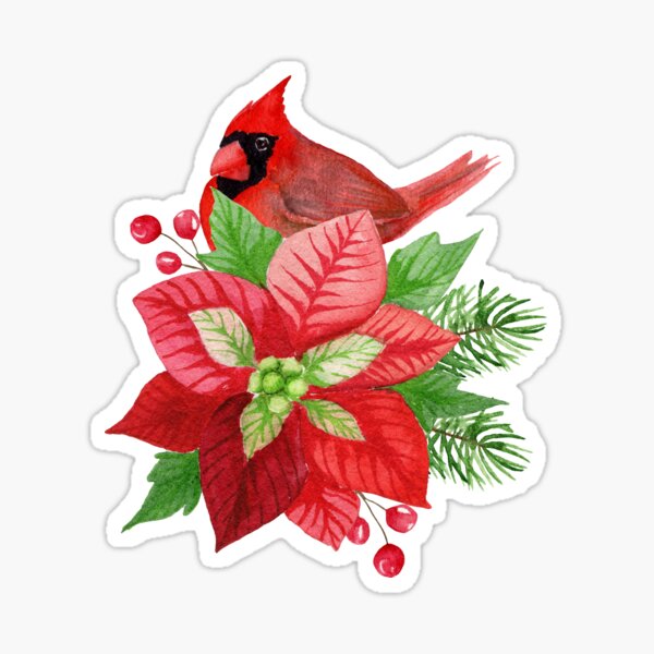 Poinsettia and cute bird Sticker