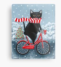 Schwarze Katze-Winter-Fahrradfahrt Metalldruck