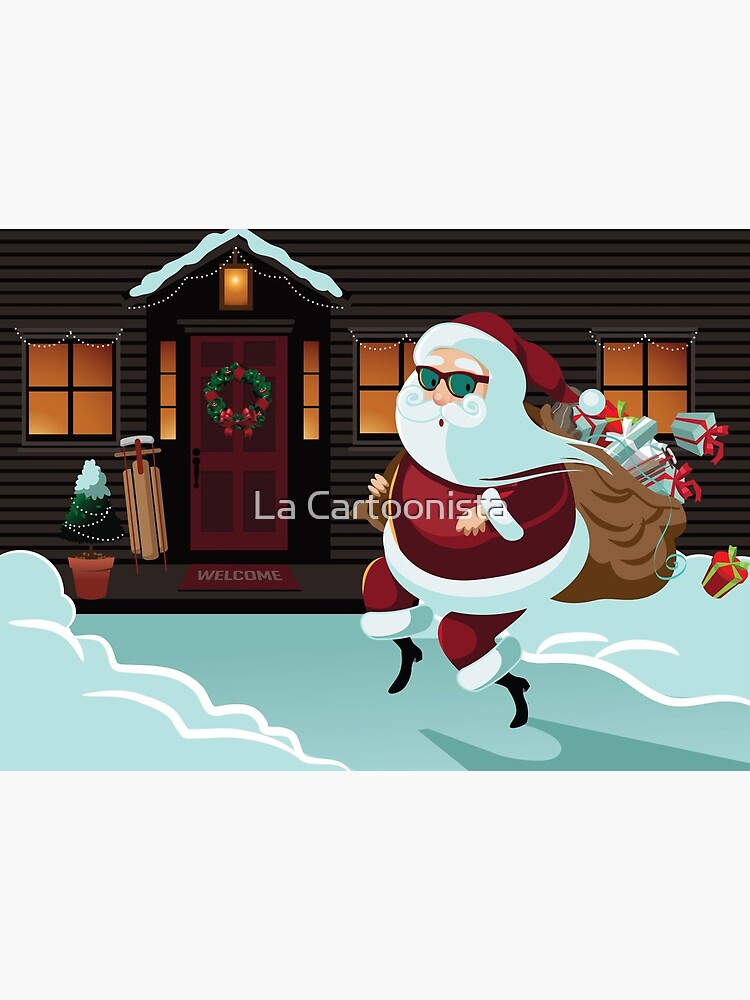 Secret Santa design with Cartoon Santa Claus delivering gifts while tiptoeing in front of a house decorated for Christmas. Secret Santa design with Cartoon Santa Claus delivering gifts while tiptoeing in front of a house decorated for Christmas.
