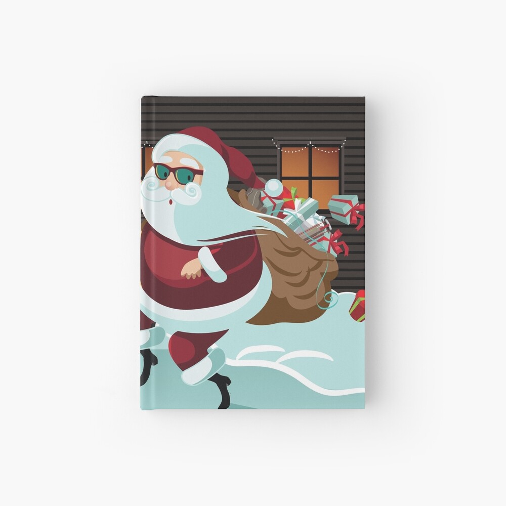 Secret Santa design with Cartoon Santa Claus delivering gifts while  tiptoeing in front of a house decorated for Christmas. 