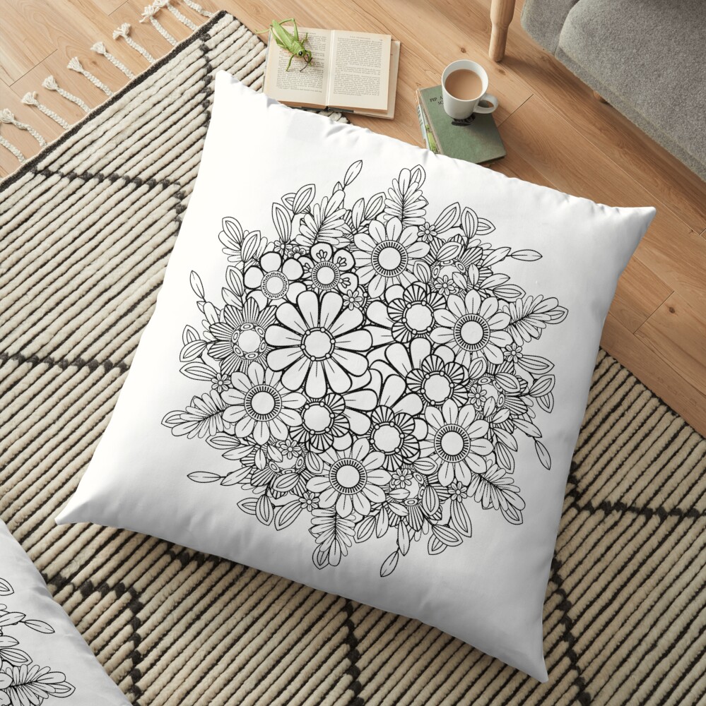 Black and White Floral Bouquet Floor Pillow