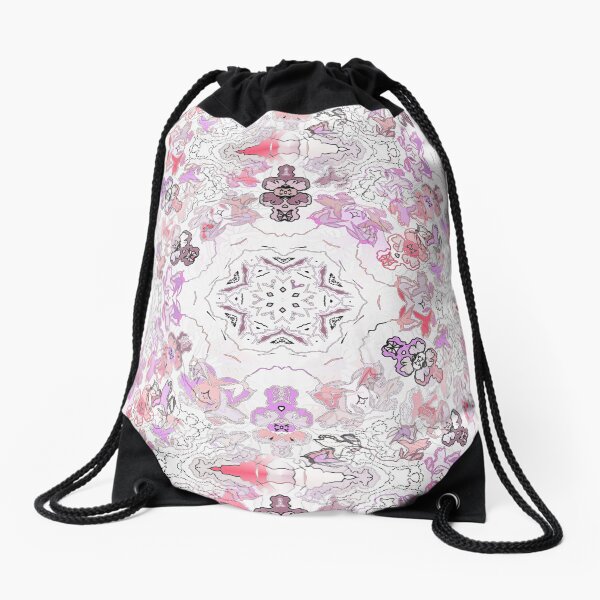 Pink Floral Ties and Circles Design Offering by Green Bee Mee Drawstring Bag