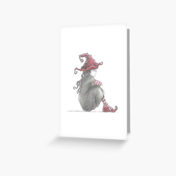 Cute and Spooky Christmas Witch with red hat and stripy red and white stockings Greeting Card