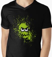 Splatoon Black Squid with Blank Eyes on Green Splatter Mask Men's V-Neck T-Shirt