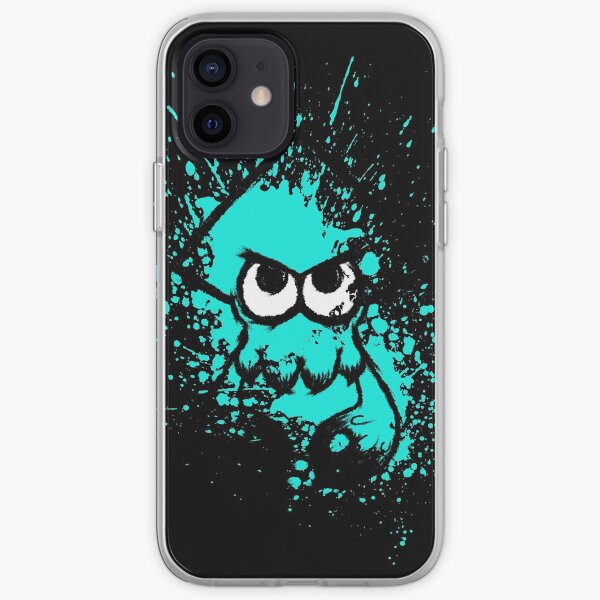Splatoon Black Squid with Blank Eyes on Cyan Splatter Mask iPhone Soft Case
