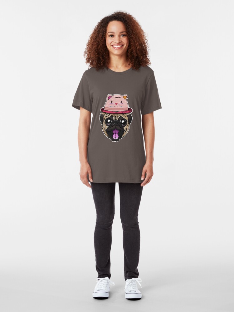 Alternate view of Pugs Life - Dog with Cat Hat Slim Fit T-Shirt