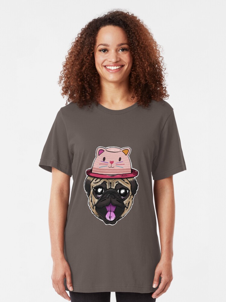 Alternate view of Pugs Life - Dog with Cat Hat Slim Fit T-Shirt