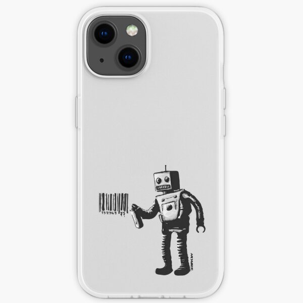 Banksy smiling Robot and barcodes Better Out Than In New York City residency black and white HD HIGHT QUALITY ONLINE STORE iPhone Soft Case